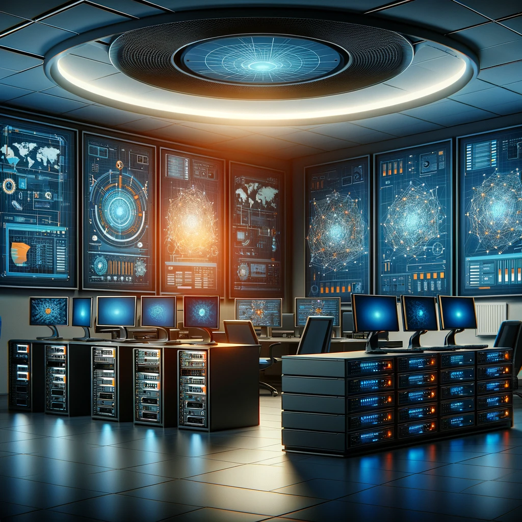 DALL·E 2024-04-26 23.57.00 - A realistic illustration of SD WAN technology in a corporate setting, featuring a modern office environment with high-tech networking equipment. The c